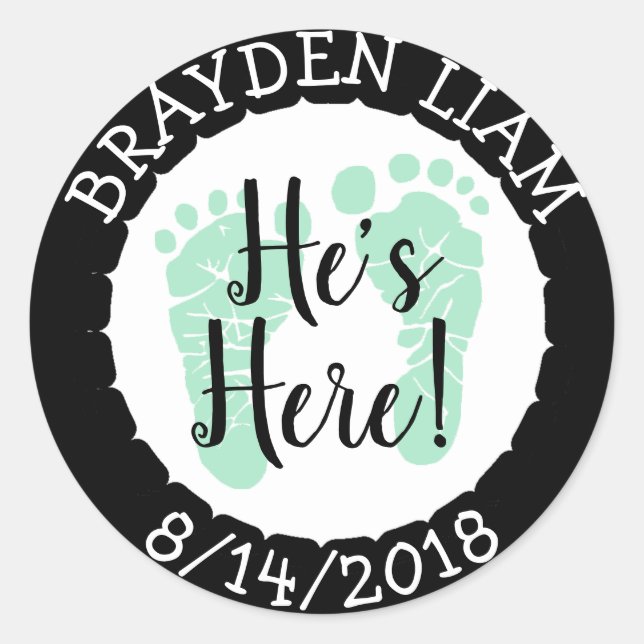 He's Here, New Baby Boy Announcement Classic Round Sticker (Front)