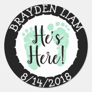 He's Here, New Baby Boy Announcement Classic Round Sticker