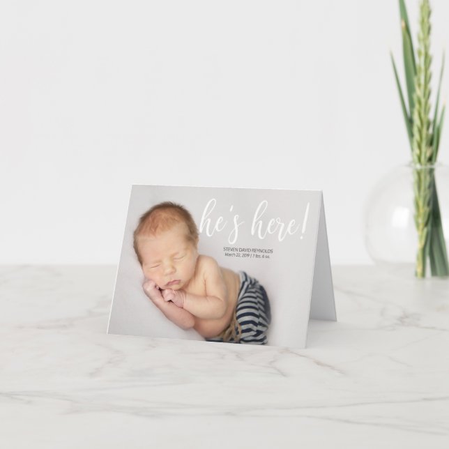 He's Here Photo Birth Announcement Folded Card (Front)