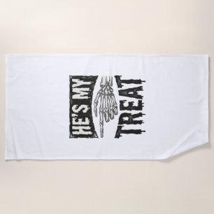 He's My Treat Skeleton Hand Halloween Shirt Design Beach Towel