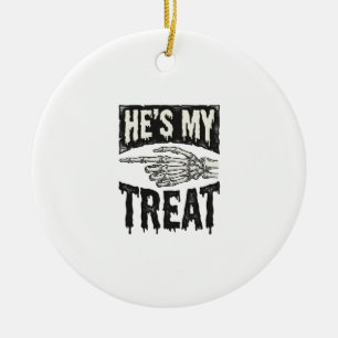 He's My Treat Skeleton Hand Halloween Shirt Design Ceramic Tree Decoration