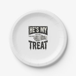 He's My Treat Skeleton Hand Halloween Shirt Design Paper Plate