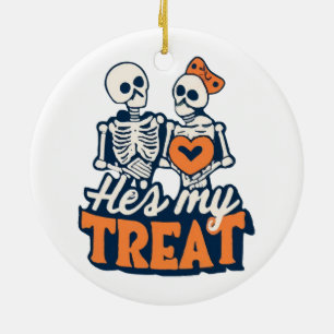 Hes My Treat Skeleton Matching Couple Halloween Ceramic Tree Decoration