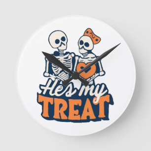 Hes My Treat Skeleton Matching Couple Halloween Round Clock
