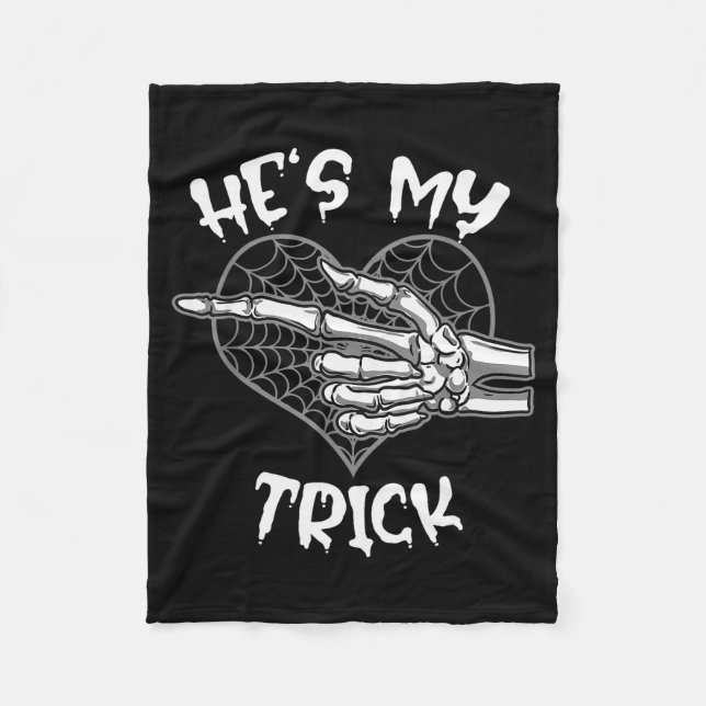 He's My Trick Funny Halloween Matching Couple Girl Fleece Blanket (Front)