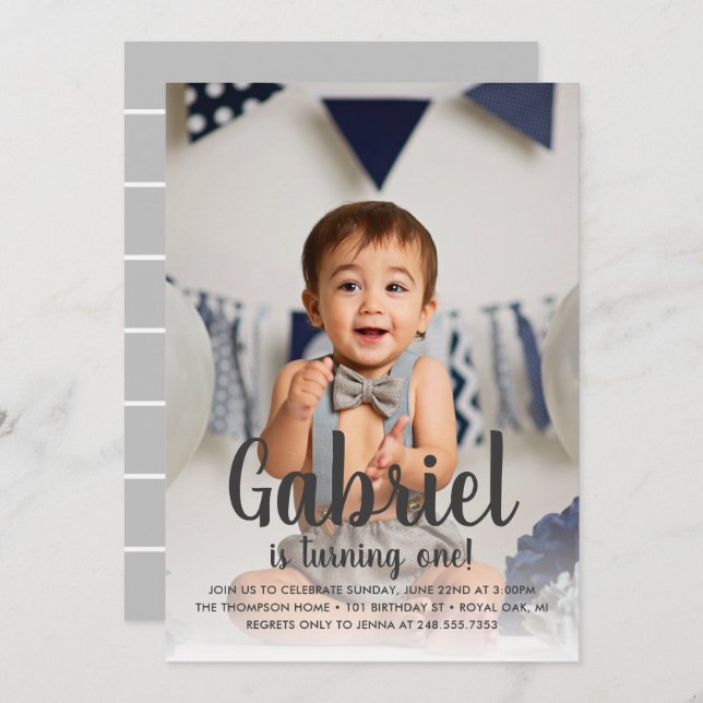 He's Turning One Grey Boy's First Birthday Photo Invitation (Front/Back)