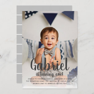 He's Turning One Grey Boy's First Birthday Photo Invitation