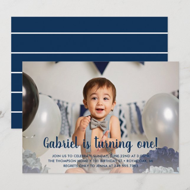 He's Turning One Navy Boy's First Birthday Photo Invitation (Front/Back)