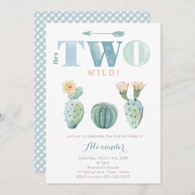 He's TWO wild  2nd birthday cactus party for bpy Invitation (Front/Back)