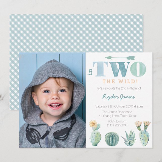 He's TWO Wild! Boy 2nd Birthday Party Photo Invitation (Front/Back)