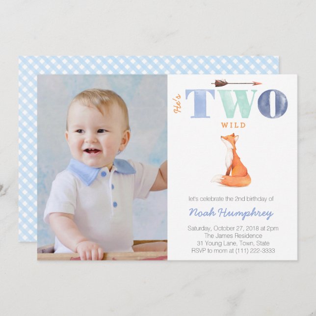 He's TWO wild, fox 2nd Birthday Party for Boy Invitation (Front/Back)