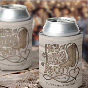He's Tying the Knot Cowboy Woodcut Bachelor Party Can Cooler