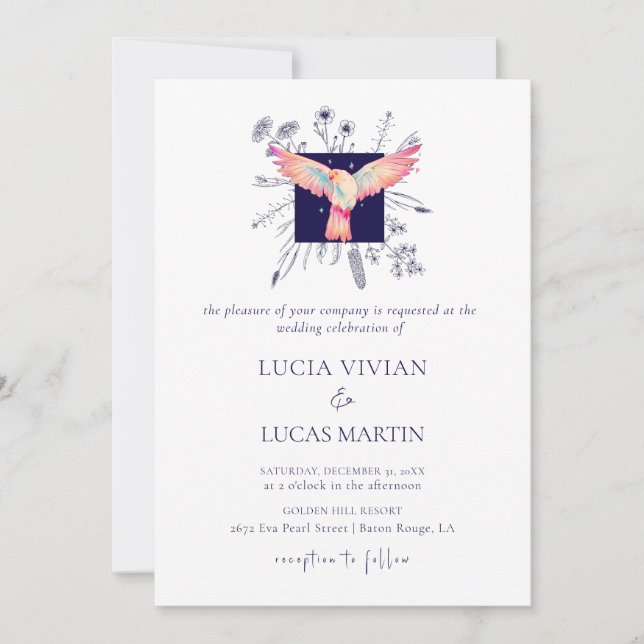 Hex Blue Monogram Forest Flying Bird Wedding Invitation (Front)