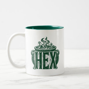 Hex Cauldron Halloween Linocut Design Two-Tone Coffee Mug