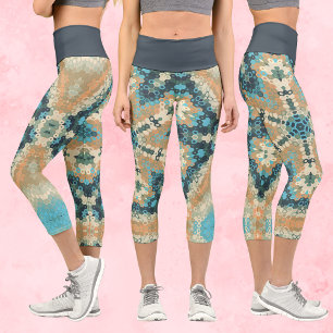 Hex Mandala Blue and Orange Capri Leggings