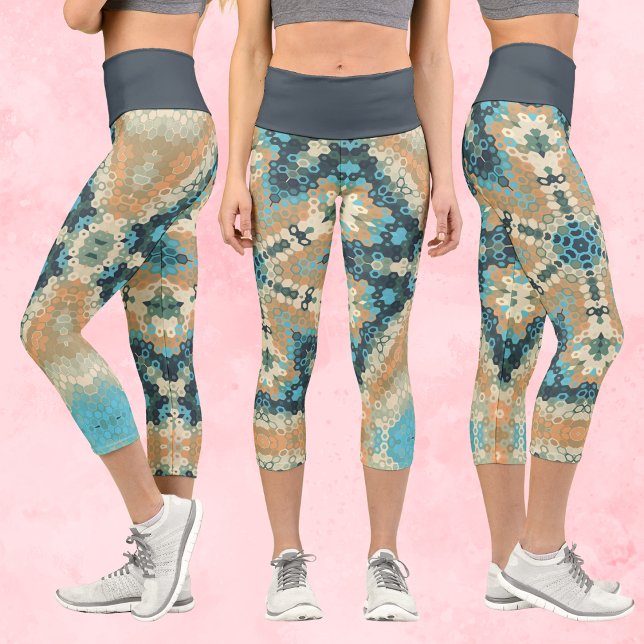Hex Mandala Blue and Orange Capri Leggings (Blue and Orange Hexagon Mandala Capri Leggings by Wormhole Orbital)