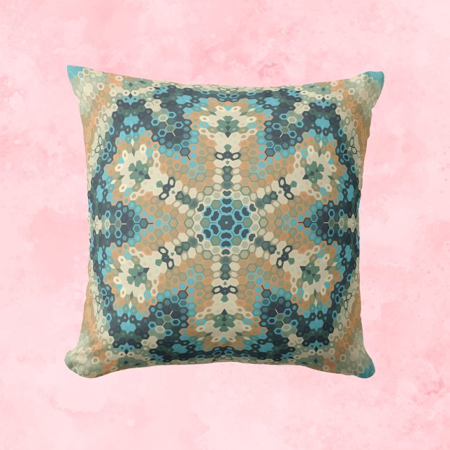 Hex Mandala Blue and Orange Cushion (Blue and Orange Hexagon Mandala Throw Pillow by Wormhole Orbital)