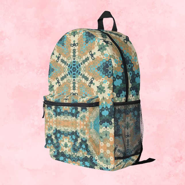 Hex Mandala Blue and Orange Printed Backpack (Blue and Orange Hexagon Mandala Backpack by Wormhole Orbital)