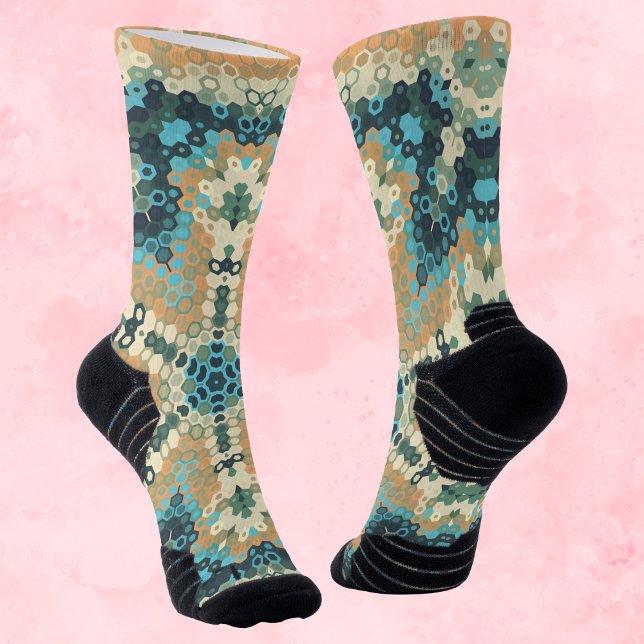 Hex Mandala Blue and Orange Socks (Blue and Orange Hexagon Mandala Socks by Wormhole Orbital)