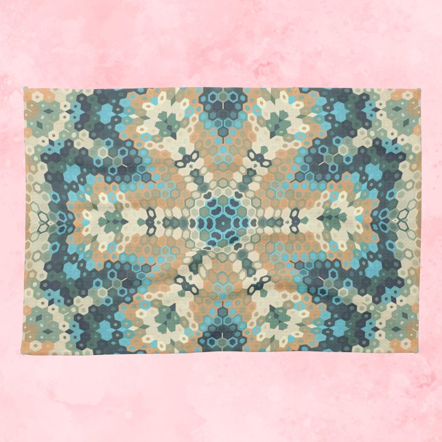 Hex Mandala Blue and Orange Tea Towel (Blue and Orange Hexagon Mandala Kitchen Towel by Wormhole Orbital)