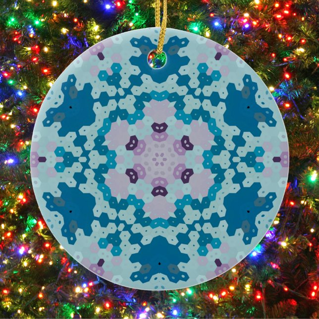 Hex Mandala Blue and Purple Ceramic Tree Decoration (Blue and Purple Hexagon Mandala Christmas Ornament from Wormhole Orbital)