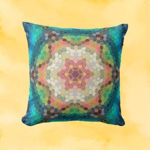 Hex Mandala Blue Green and Pink Cushion