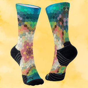 Hex Mandala Blue Green and Pink Socks