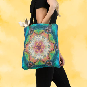Hex Mandala Blue Green and Pink Tote Bag