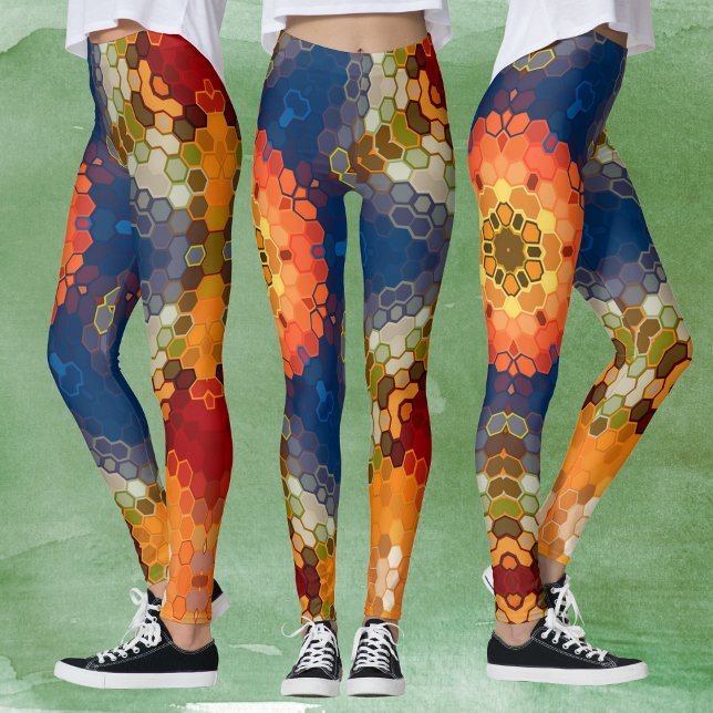 Hex Mandala Blue Orange and Red Leggings (Blue Orange and Red Hexagon Mandala Leggings by Wormhole Orbital)
