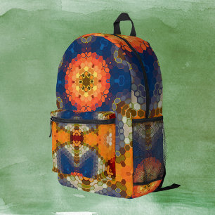 Hex Mandala Blue Orange and Red Printed Backpack