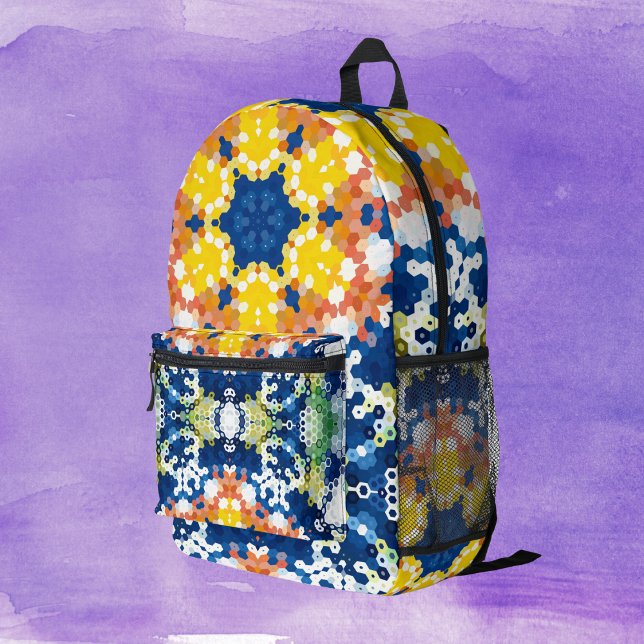 Hex Mandala Blue Yellow Orange and Green Printed Backpack (Blue Yellow Orange and Green Hexagon Mandala Backpack by Wormhole Orbital)