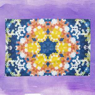 Hex Mandala Blue Yellow Orange and Green Tea Towel
