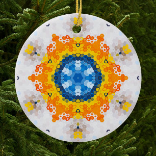 Hex Mandala Blue Yellow Orange and White Ceramic Tree Decoration
