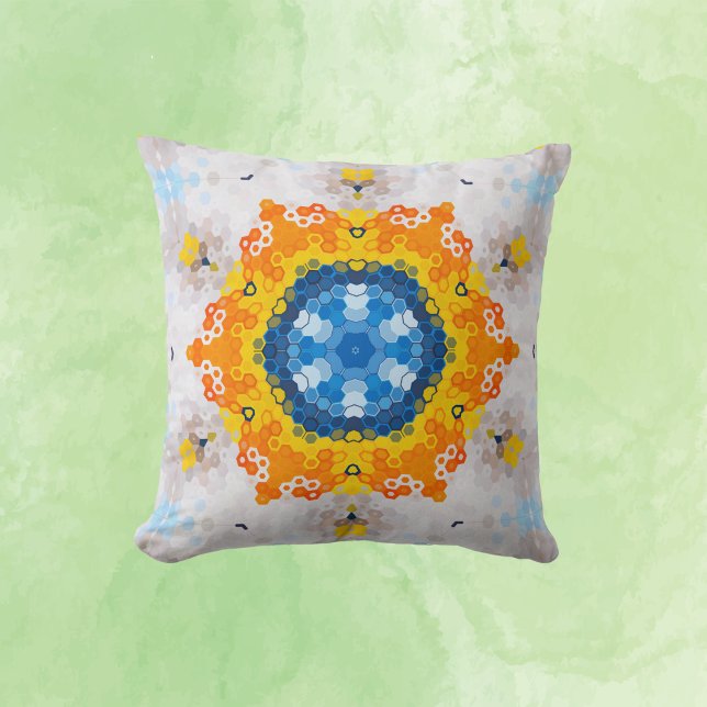 Hex Mandala Blue Yellow Orange and White Cushion (Creator Uploaded)