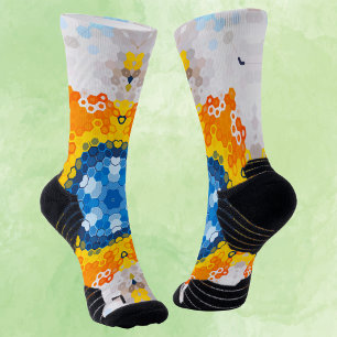 Hex Mandala Blue Yellow Orange and White Socks