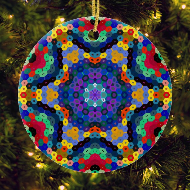 Hex Mandala Blue Yellow Red and Green Ceramic Tree Decoration (Blue Yellow Red and Green Hexagon Mandala Ornament from Wormhole Orbital)