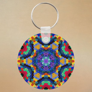 Hex Mandala Blue Yellow Red and Green Key Ring
