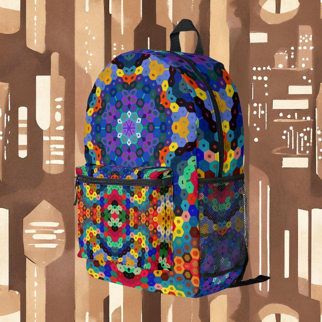 Hex Mandala Blue Yellow Red and Green Printed Backpack (Creator Uploaded)