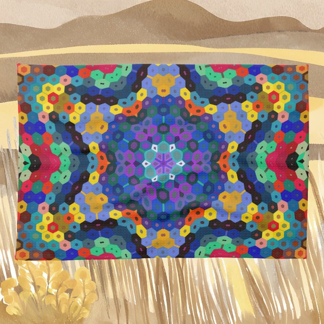 Hex Mandala Blue Yellow Red and Green Tea Towel (Creator Uploaded)