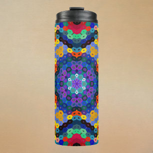 Hex Mandala Blue Yellow Red and Green Thermal Tumbler
