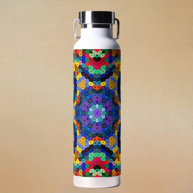 Hex Mandala Blue Yellow Red and Green Water Bottle (Blue Yellow Red and Green Hexagon Mandala Water Bottle by Wormhole Orbital)