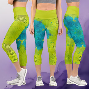 Hex Mandala Green and Blue Capri Leggings
