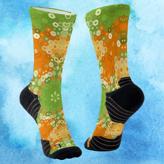 Hex Mandala Green and Orange Socks (Green and Orange Hexagon Mandala Socks by Wormhole Orbital)