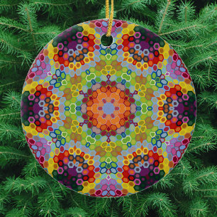 Hex Mandala Green Pink and Orange Ceramic Tree Decoration