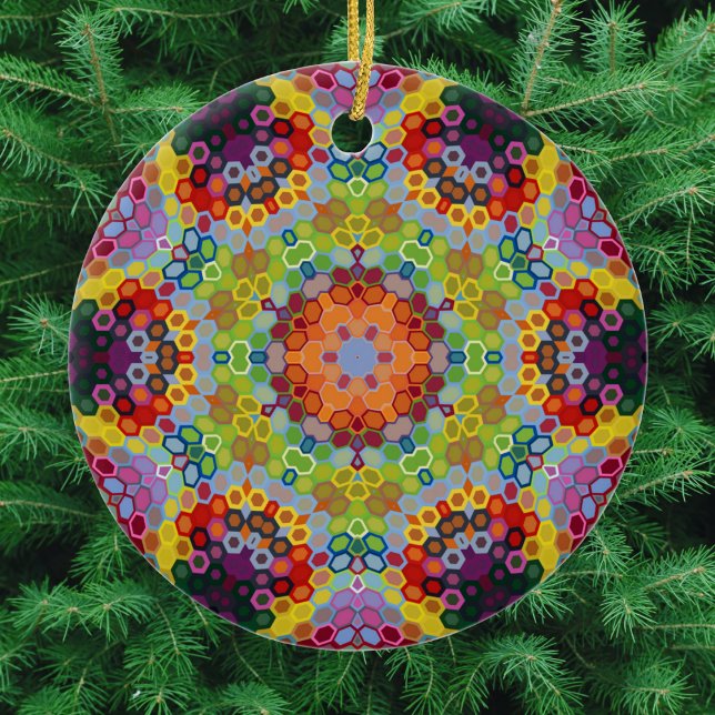 Hex Mandala Green Pink and Orange Ceramic Tree Decoration ( Green Pink and Orange Hexagon Mandala Christmas Ornament from Wormhole Orbital)