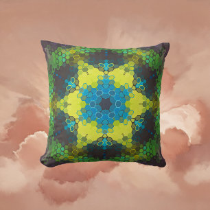 Hex Mandala Green Yellow and Blue Cushion