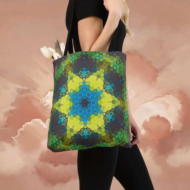 Hex Mandala Green Yellow and Blue Tote Bag (Green and Blue Hexagon Mandala Tote Bag By Wormhole Orbital)