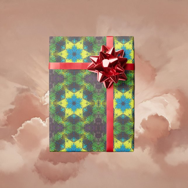 Hex Mandala Green Yellow and Blue Wrapping Paper (Green and Blue Hexagon Mandala Wrapping Paper By Wormhole Orbital)