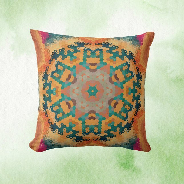 Hex Mandala Orange and Blue Cushion (Orange and Blue Hexagon Mandala Throw Pillow by Wormhole Orbital)