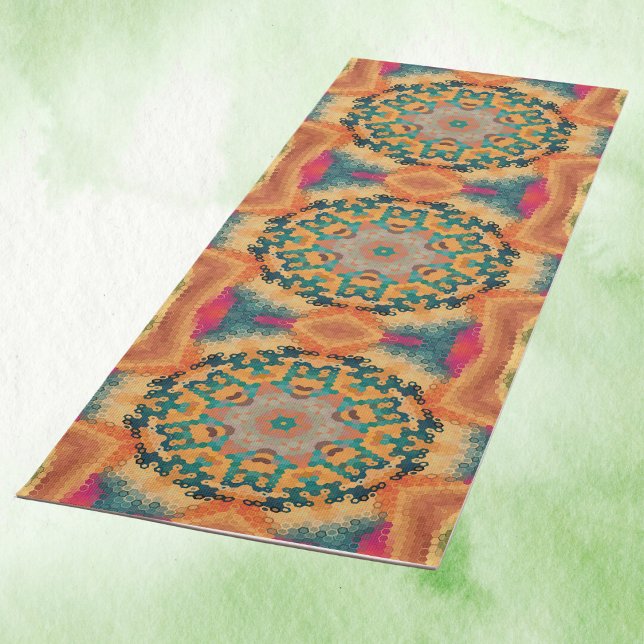 Hex Mandala Orange and Blue Yoga Mat (Orange and Blue Hexagon Mandala Yoga Mat by Wormhole Orbital)